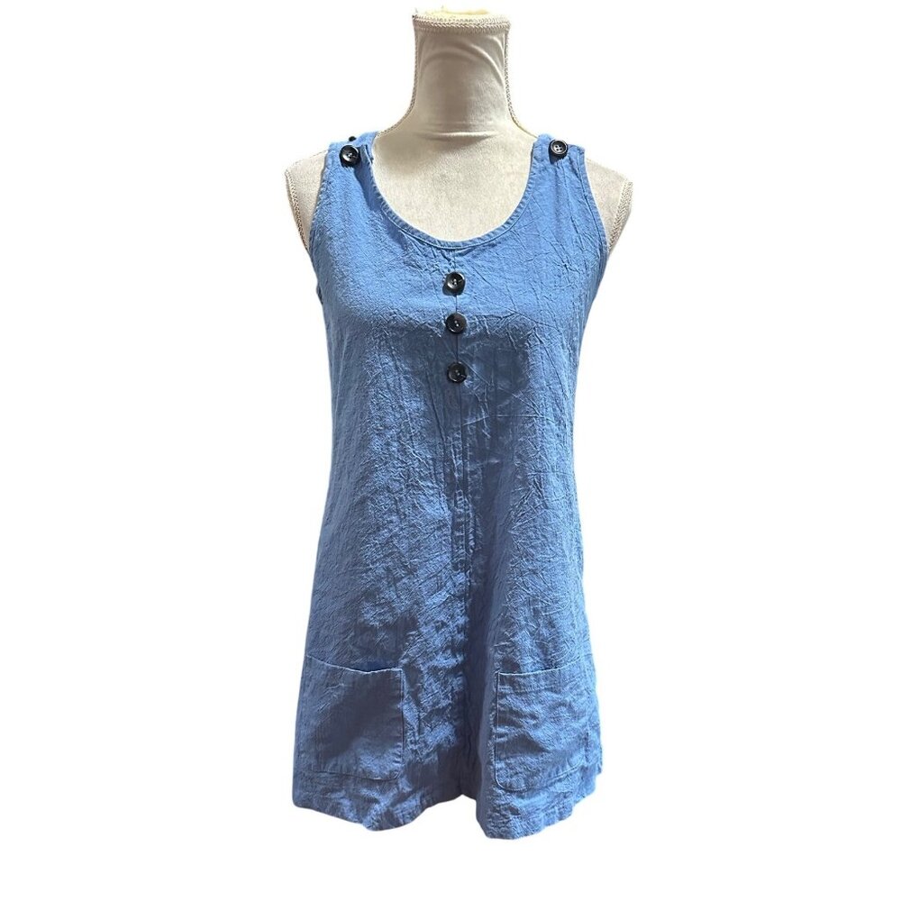 Casual Loose A Line Sleeveless Blue Button Detail Tunic Dress With Pockets Sz M